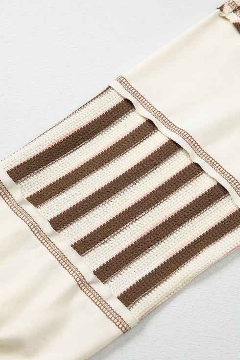 Colorblock Striped Patchwork Henley Pullover Top Exposed-Seam Drop-Shoulder